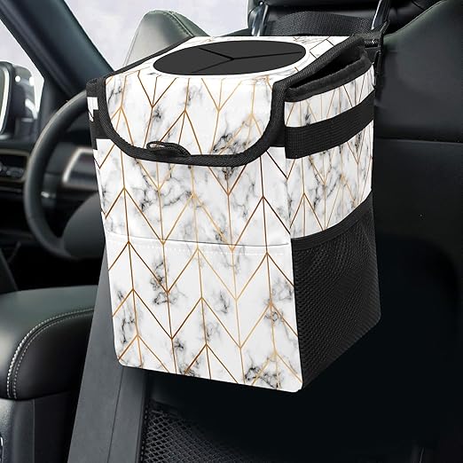 Geometric Line Arrow Pattern Auto Garbage Can with Lid, Leak-Proof Car Storage Bag, Hanging for Headrest, Collapsible and Portable, Mesh Pocket