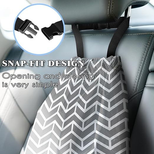 Car Trash Bag Hanging Back of Seat with Adjustable Snap Buckle Strap Cute Printed Drawstring Garbage Bags for Car-Grey White