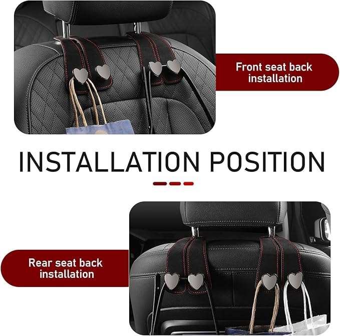 Car Seat Headrest Hook, 2 PCS Universal Black Heart-Shaped Metal + Soft Storage Hooks for Backpack, Grocery, Phone