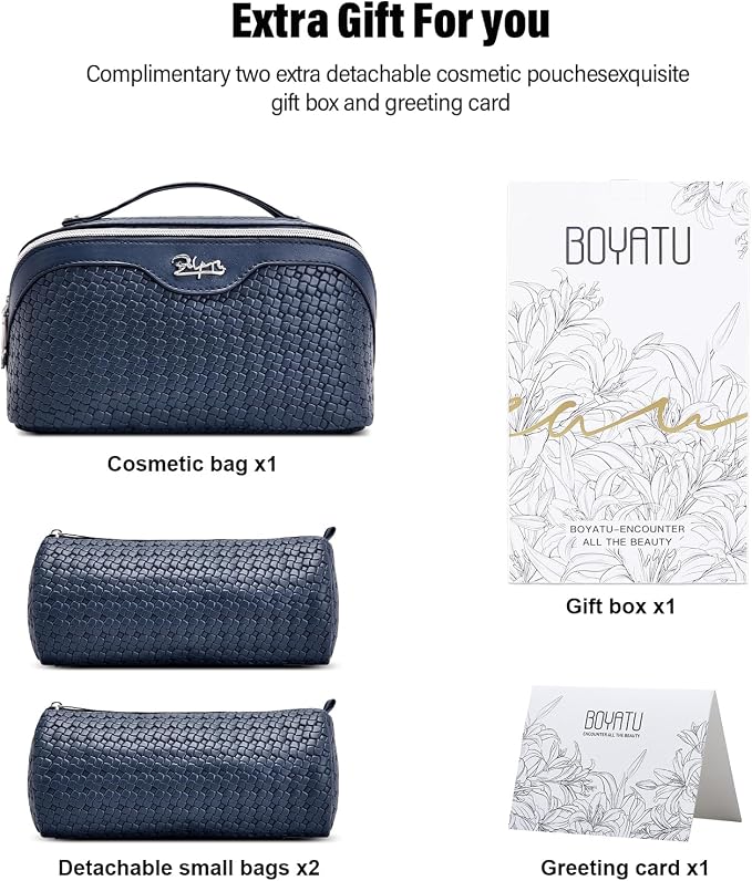 BOYATU Travel Makeup Bag Cosmetic Bags for Women: Large Capacity 3 Pcs Set Make up Bag with Compartments - Waterproof Vegan Leather Toiletry Organizer Bags with Handle (L40 Blue)