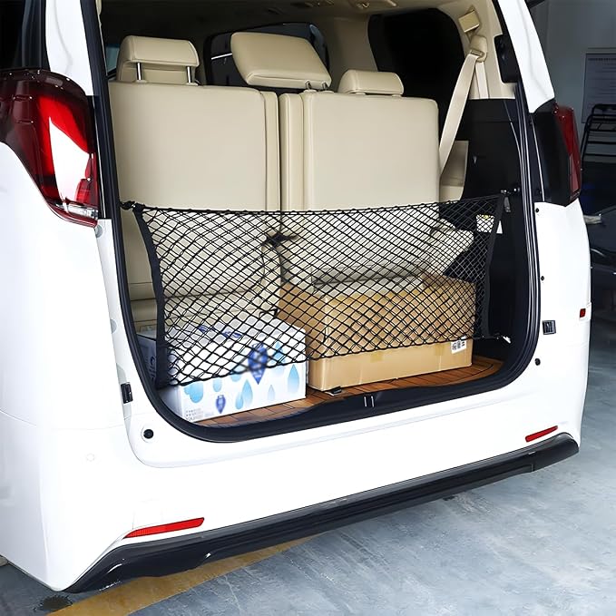 Osilly Car Rear Cargo Net, Double-Layer Adjustable Stretchable Elastic Storage Organizer Net, Trunk Cargo Storage Mesh Net with Hooks, Car Interior Accessories (51.2"x17.7")