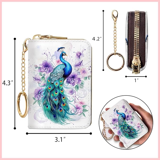 Blusabaca Credit Card Holder for Women, Peacock Small RFID Wallet with Zipper, Card Keychain Wallet, Leather Wallet Card Case, Business RFID Blocking Accordion Purse Wallet Gift