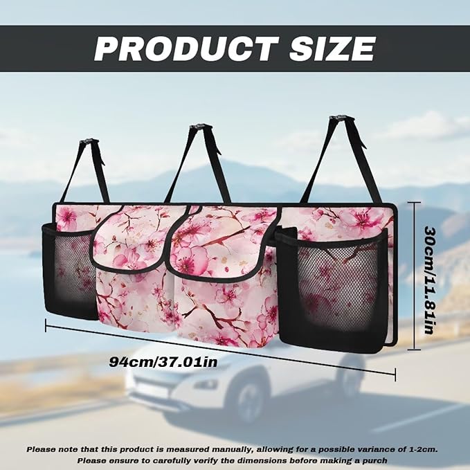 Pink Cherry Blossom Trunk Hanging Organizer Backseat Bag Foldable Cargo Storage with 4 Pockets 3 Adjustable Straps Keep Your Trunk Neat and Organized