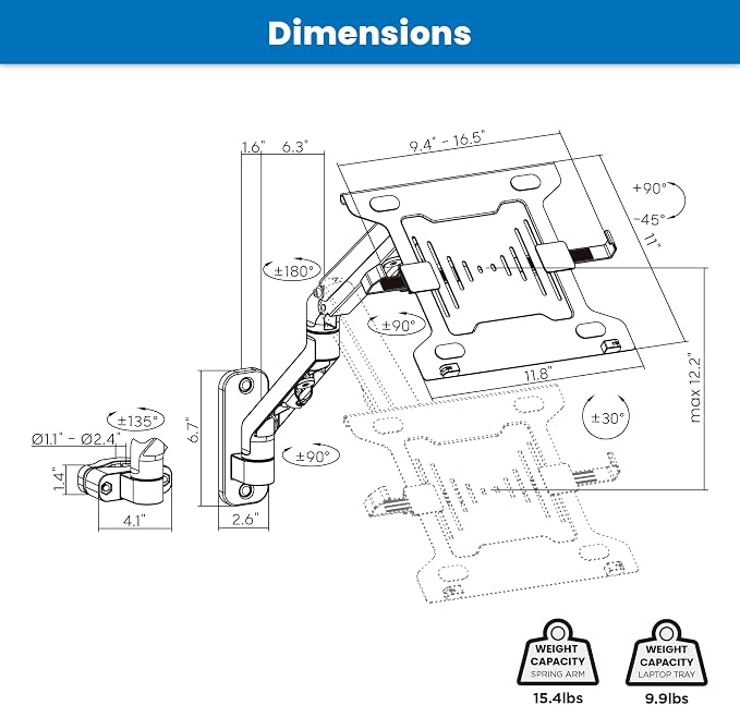 Mount-It! Ergonomic Laptop Arm for Wall or Pole Mounting, Full Motion Adjustments, Versatile Design, Easy Installation