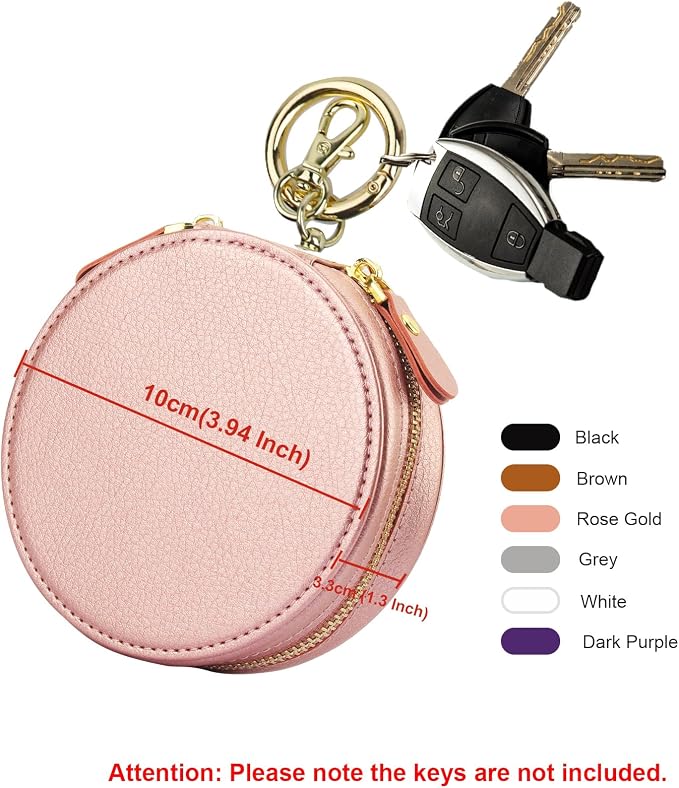 Bocasal Coin Pouch Mini Lipstick Cosmetic Bag with Airtag Holder Mirror, Leather Zipper Travel Makeup Bag Keychain Ring Clasp for Keys Earbuds Earphone Lip Gloss Chapstick Women Girls (Rose Gold)