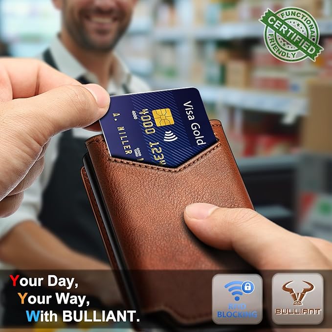 BULLIANT Men Wallet Leather Wallet Card Holders Money Clip for Men 10Cards-Magnetic Flip on Metal Case