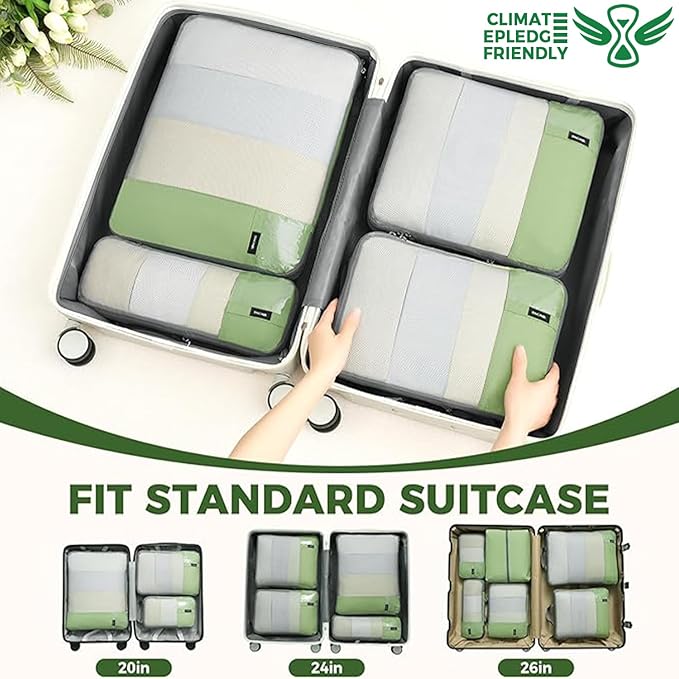 BAGAIL 6 Set Lightweight Compression Packing Cubes with Packing List, Anti-Tearing Expandable Organizer Bags for Travel, Matcha Green