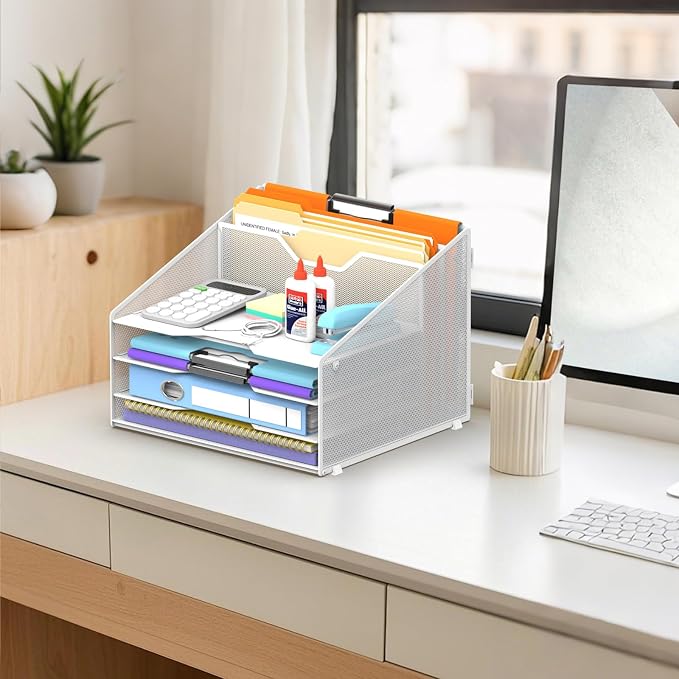 Desk File Organizer, 4 Letter Trays and 2 Upright Sections, White | Paper organizer for desk with tiered letter trays and upright file sections for home office, school and workspace use