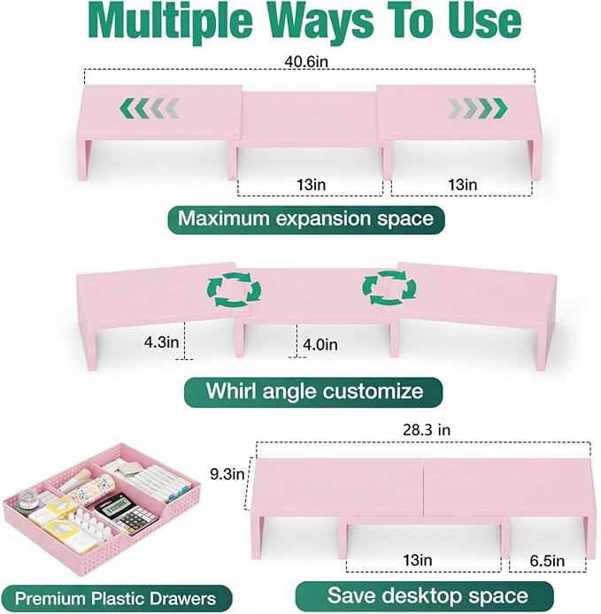 OPNICE Desk Organizers and Accessories, Dual Computer Monitor Stand Riser with Drawer, Office Decor for Women, Office Desk Accessories & Workspace Organizers for Home Office Supplies, Pink