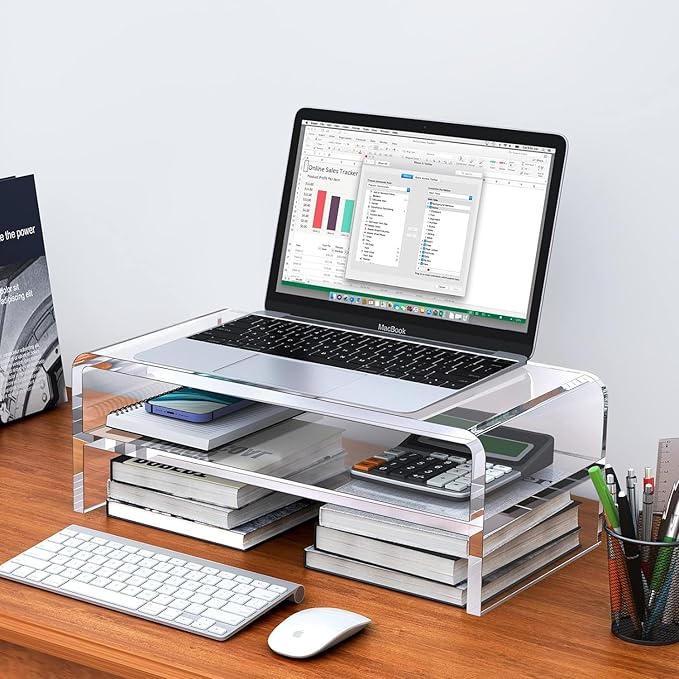Egchi Acrylic Monitor Stand, 2 Tiers Clear Monitor Riser Computer Stand for Office, Home, Office, 5.12 Inches Hight PC Desk Stand for Keyboard Storage, Premium Platform for Laptop Printer TV Screen