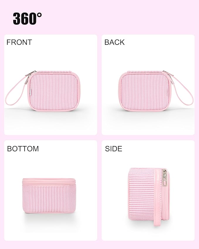 Relavel Mini Makeup Bag with Led Mirror, Small Cosmetic Bag with 3 Light Modes, Rechargeable Portable Makeup Pouch with Hands-Free Wrist Strap for Pool Parties丨Work Touch-Ups丨Travel - Pink Strip