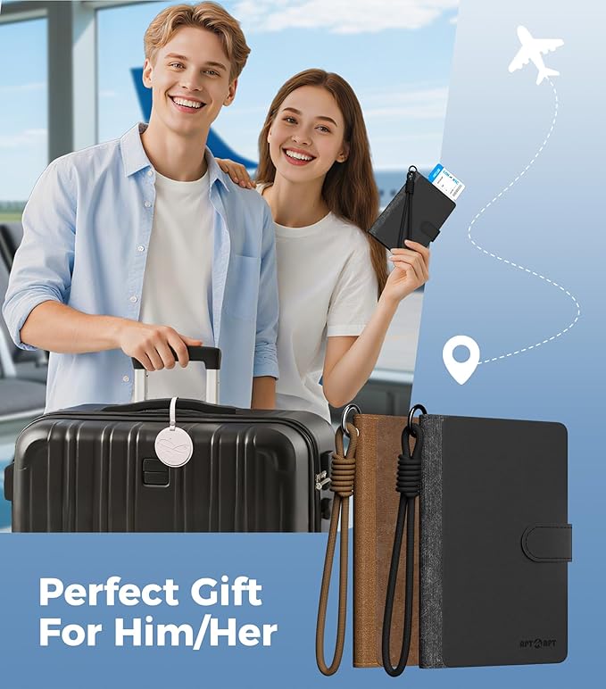 Smart Passport Holder Works with Apple Find My, Leather Travel Wallet with Wrist Strap & 2 SIM Card Slots, RFID Blocking Organizer for Passport/Cards/Tickets, Wireless Charging, Black