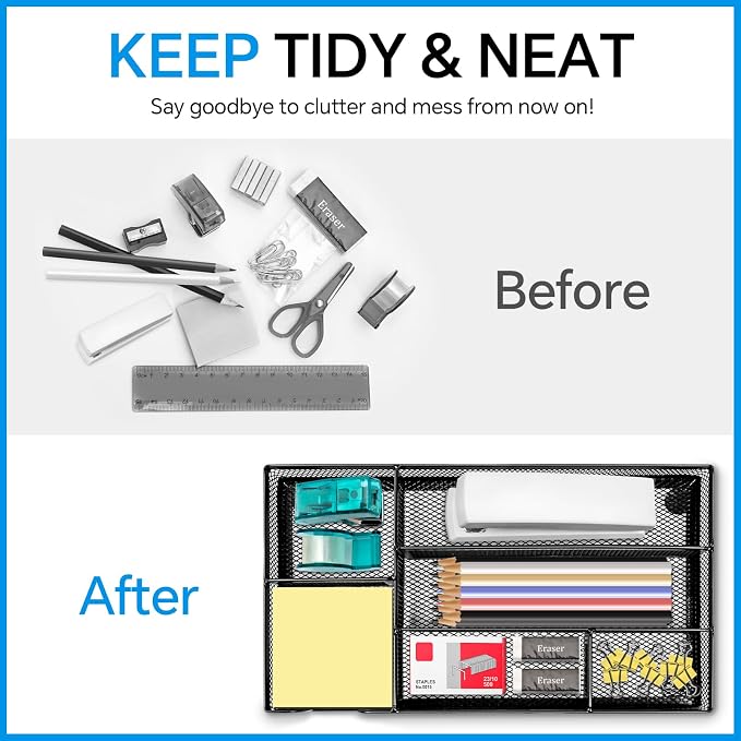 Desk Drawer Organizer, Office Drawer Divider Organizer Tray with 6 Compartments, Metal Mesh Desktop Organization and Accessories for Stationery Makeup Kitchen Toolroom School & Office