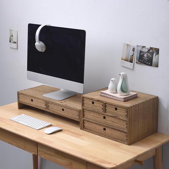 KIRIGEN Wood Monitor Stand with 2 Drawers, Solid Wood Computer Monitor Riser for Desk, Desktop Organizer Shelf with Cable Management, Pen Slots, Brown, No Assembly PMJ-DBR