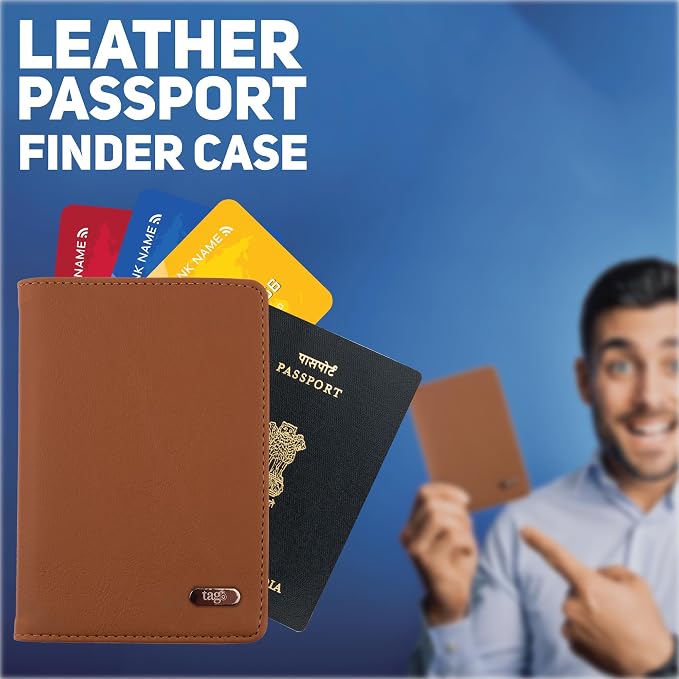 tag8 Passport Holder and Finder, Genuine Leather Passport Cover, RFID Blocking Technology to Shield Passport from Damage, Dual Passport Wallet Case for Cards and Documents