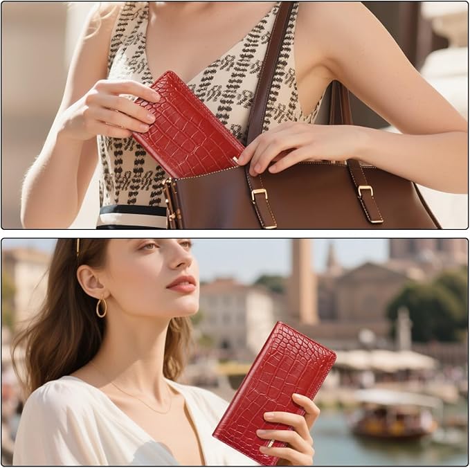 Wallet Women Crocodile Wallets Luxury Alligator Purse Minimalist Thin Long RFID Blocking Credit Cards Holder with Back Zipper Coin Pocket for Women and Men, Burgundy
