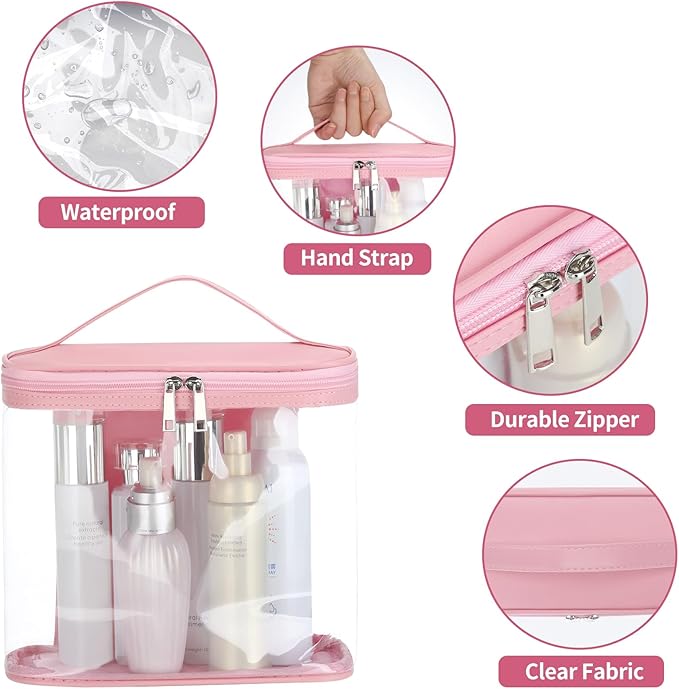 Heavy Duty Leak Proof Clear Travel Bags for Toiletries, Transparent Makeup Cosmetic Bag with Zipper and Handle (Large, 1PCS Pink)