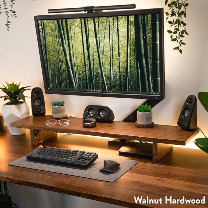 Desky Minimal Monitor Stand – Ergonomic Wood Riser for Single or Dual Monitors, Desk Shelf Organizer to Elevate Screen Height – Natural Walnut Hardwood