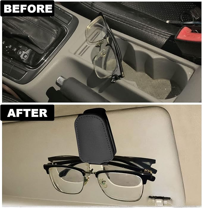 2 Pack Leather Car Visor Sunglass Holder, Magnetic Leather Glasses Eyeglass Hanger Clip for Car, Sunglass Clip Glasses Holder for Car Visor(Black)