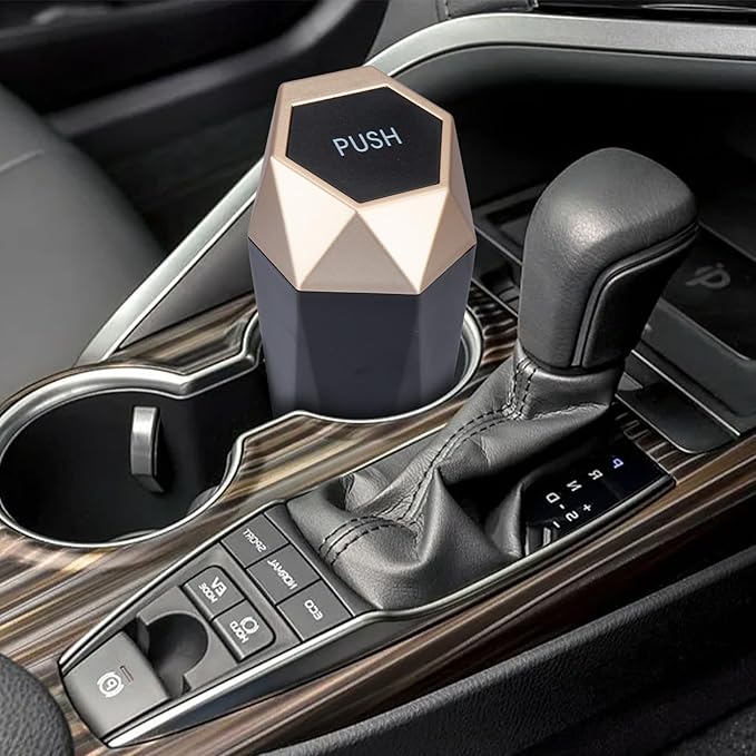 BFXM Car Trash Can, Car Trash Bin with Lid, Car Accessories for Women Interior, Car Garbage Can with Additional 2 ABS Hooks and 60pcs Trash Bags, Suitable for Home, Office, Car Organizer, Gold