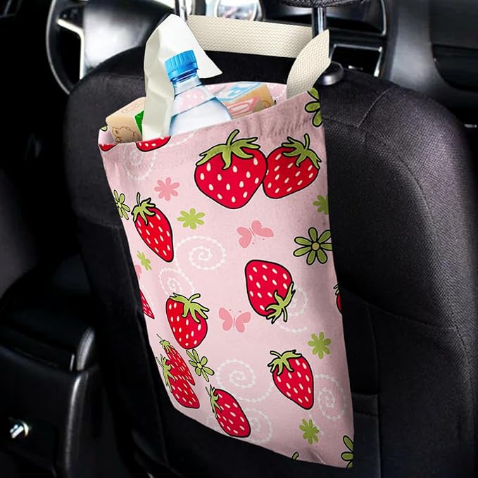 Car Trash Bag Hanging No Snap Small Garbage Bag for Car Back Seat Cute Printed One-handed Strap Trash Bags Car Accessories-Strawberry Car Trash Bags