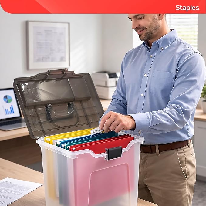 STAPLES File Box - Portable Letter-Size Storage Tote with Lid, Handle, Organizer Tray, Clear Plastic Filing Bin