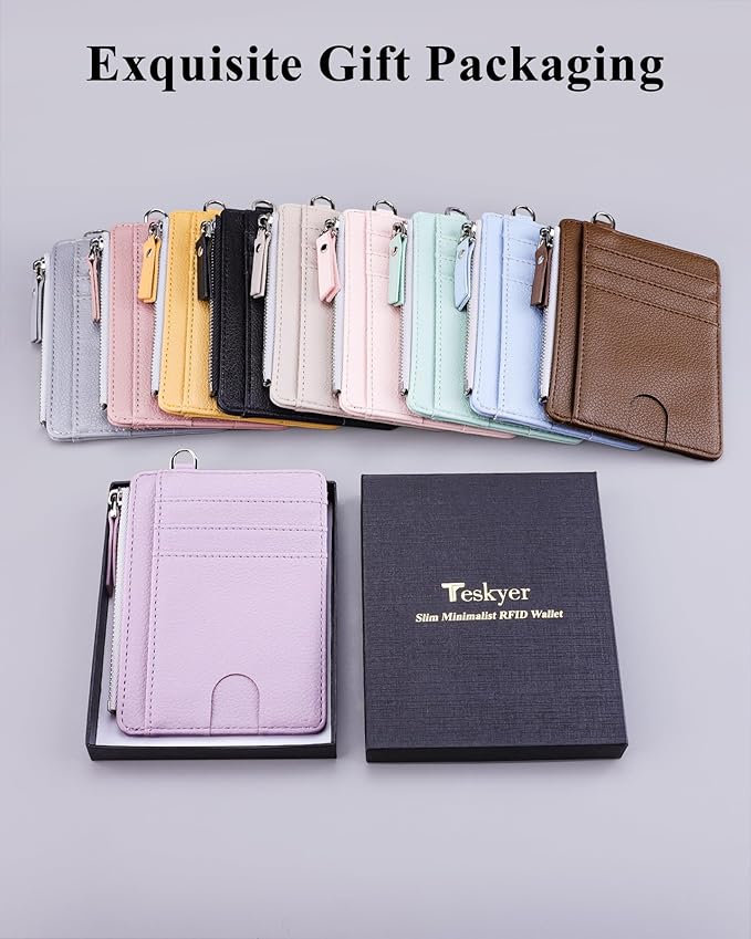 Teskyer Slim Card Holder Wallet with Zip Pocket, RFID Blocking, Total 9 Compartments Large Capacity, 3.5" x 4.7" (Slight Larger Than Usual), Faux Leather - Lilac