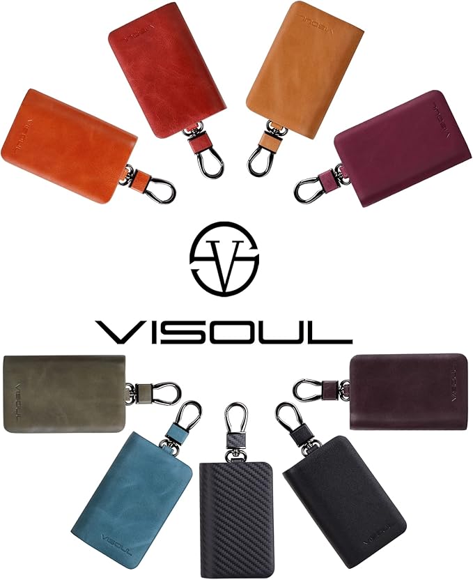 VISOUL Car Key Case Holder Double Zipper, Leather Car Smart Key Fob Case with Keychain for Men and Women