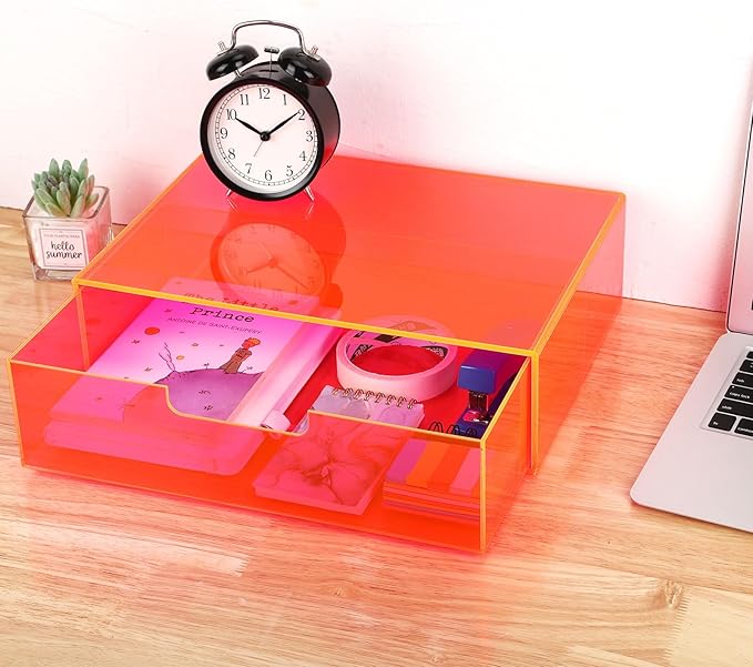 Gelite Acrylic Desk Organizer with Drawer for Makeup Vanity Stackable Desktop Storage Box for Office Supplies, 13.8 x 9.8 x 3.9’’, Neon Pink
