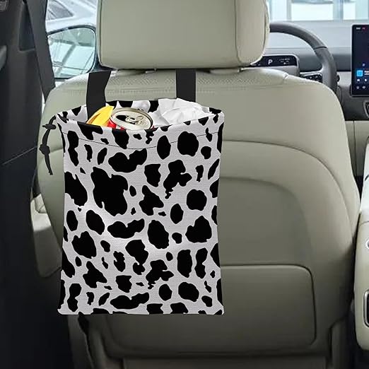 Car Trash Bag Cow Texture Car Garbage Bag Hanging Car Trash Can for Back Seat with Drawstring, Waterproof Garbage Bags for Accessories Vehicle Travelling Camping Outdoor