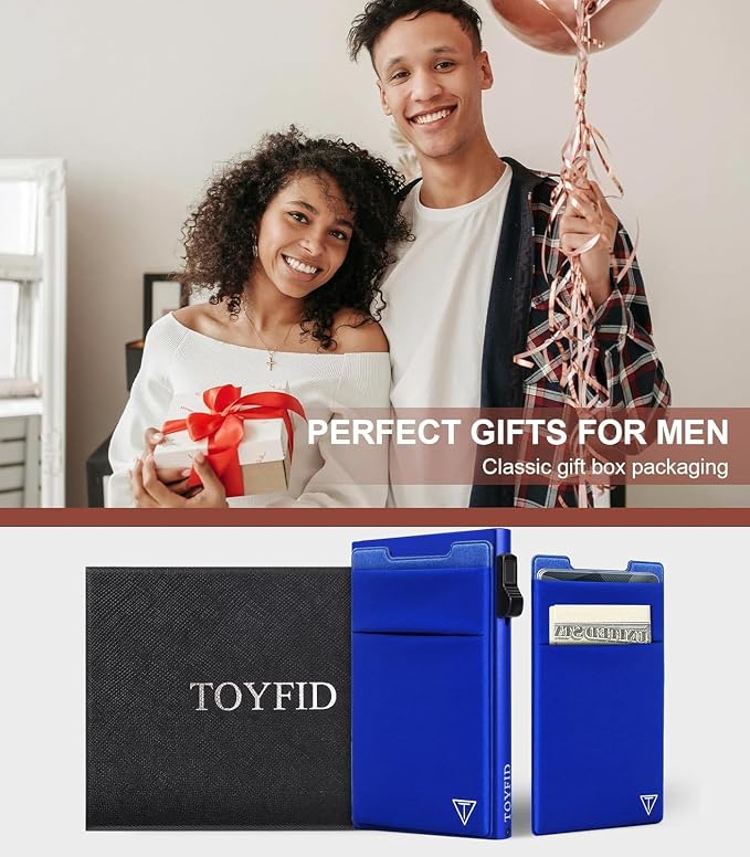 TOYFID Aluminum Wallet for Men - RFID Protected, Scratch Resistant, Large Capacity, Extra Pocket, Sliding Button, Blue