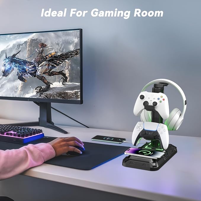 KDD Headphone & Controller Stand with Wireless Charging - Rotatable Headset Stand with 9 Light Modes - Controller Holder with 2 USB and Type C Ports - for Gamers Desktop Accessories
