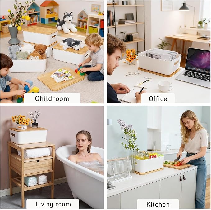 Citylife Storage Bins with Bamboo Lids 16QT Plastic Storage Containers Stackable Organizer Boxes with Handle for Desk Snacks, Toys, 2 PCS, 15" L x 10.6" W x5.8 H