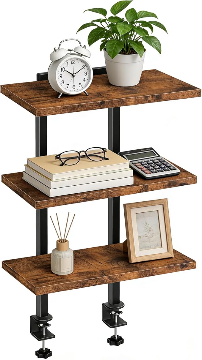MAHANCRIS Clamp On Desk Organizer, 3-Tier Desktop Bookshelf, Adjustable Desk Storage Shelf, Metal Frame, for Office, Study and Game Room, Rustic Brown DSHR3601