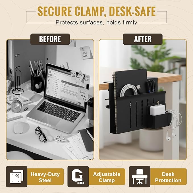 Desk Side Storage, Steel Side Desk Organizer, Clamp on Laptop Mount with Magnetic Pen Holder, No Drill Under Desk Laptop Holder, Table Hanging Storage for Home & Office Organization โ Black
