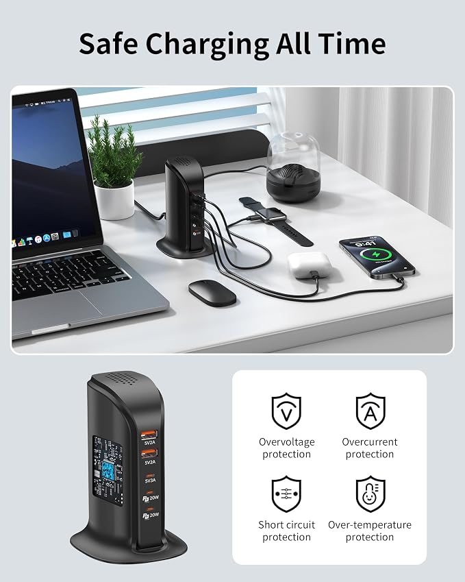 Charging Station for Multiple Devices: 5 USB Ports Wall Charger Block with Extension Cord, PD 20W Fast Charging Hub Charger Tower for iPhone iPad Tablets Smartphones, Home Office Use (Black)