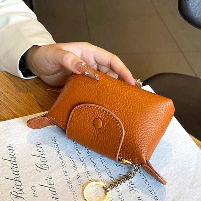 Small Genuine Leather Coin Purse with Keychain, Earth Yellow Zipper Change Pouch for Women, Soft Mini Wallet Organizer for Cash Coins Cards, Compact Keychain Wallet for Purse Backpack
