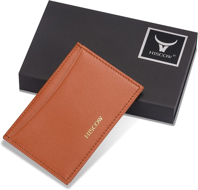 Leather Thin Card Holder, Slim ID Case Small Credit Card Wallet for Men & Women (Cognac)