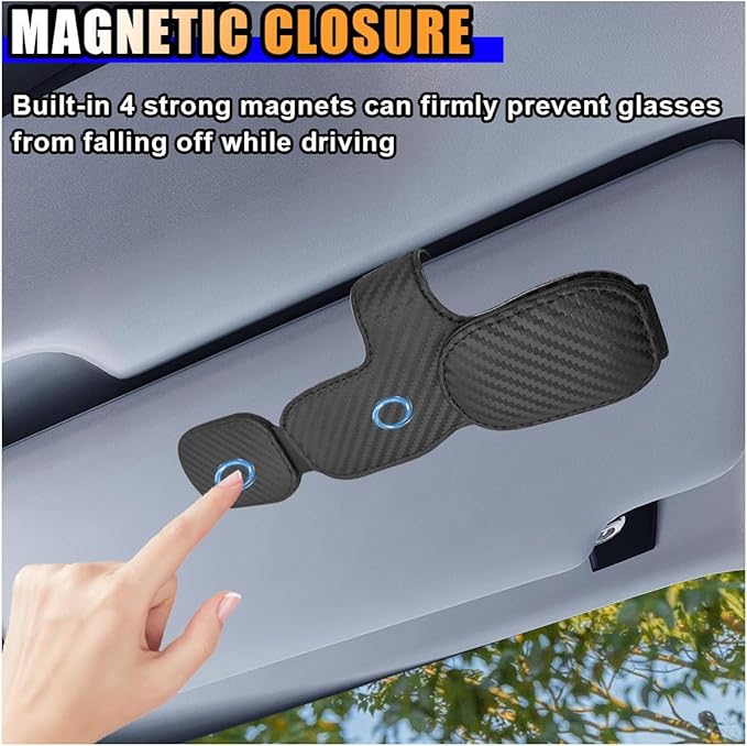 Magnetic Leather Sunglasses Holder for Car Visor Clip, Car Sun Visor Ticket Card Clip Double Clip, Auto Glasses Eyeglass Hanger Clip, Eyeglasses Mount Interior Car Accessories (Carbon Fiber Black)