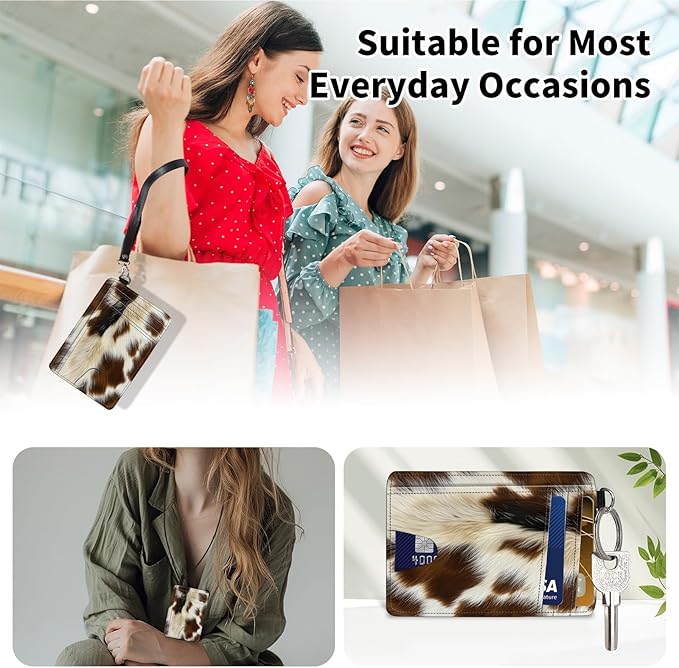 Slim Minimalist Front Pocket Wallet,Credit Card Holder Wallet for Women Men,RFID Blocking Credit Card Holder Case Leather Cute Small Thin Wallet ID Window&Wrist Strap,Brown White Fur Print