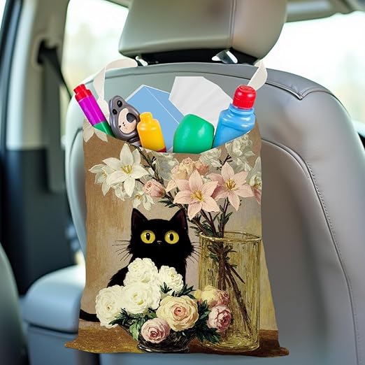 Black Cat Car Trash Bag, Car Trash Bag Hanging, Vintage Waterproof Cars Back Seat Hanging Organizer and Storage Trash Bags for Vehicle Travelling Camping