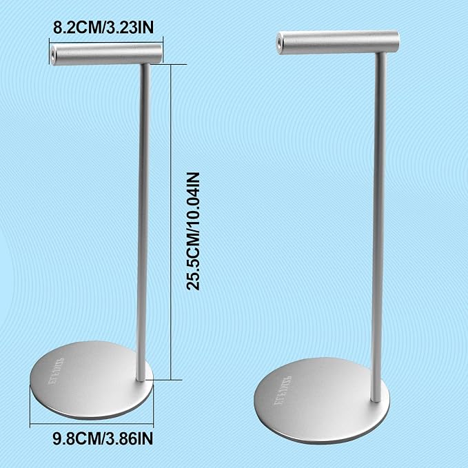 Aluminium Headphone Stand, Silver Desktop Holder for Over-Ear Headphones, 98mm Round Base, 280mm Height, 80mm Support Arm, with Installation Tools