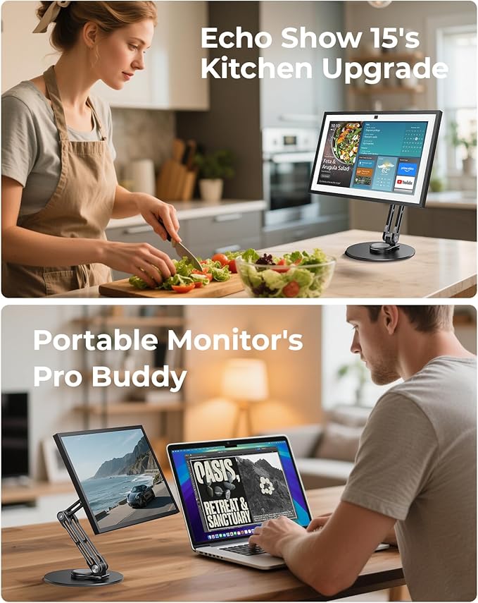 Portable VESA Monitor Stand for 15.6 Inch Monitors, Aluminum Portable Screen Mount for Desk with 360°Rotation Bases, Adjustable Secondary Travel Monitor Stand Compatible with 15.6/16/18.5 Inch - Black