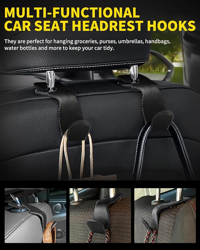 4 Pack Superior Leather Car Seat Headrest Hooks with 44 Pounds Load Capacity, Hangers Storage Organizer Universal Car Interior Accessories for Handbags Water Bottles Umbrellas, Black & Red