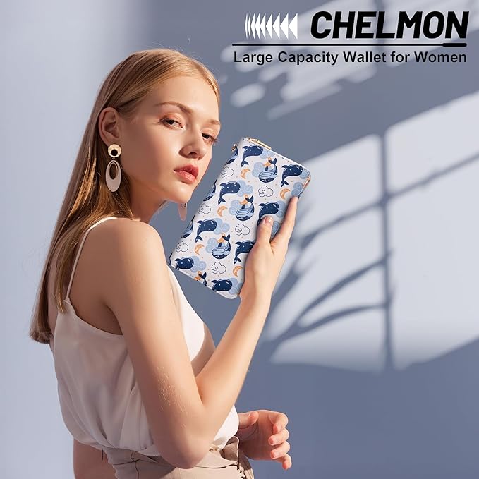 Chelmon Women's Vegan Leather Clutch Wallet with Zip, Hand Strap, Large Capacity