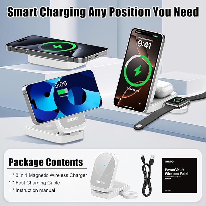 3 in 1 MagSafe Wireless Charging Station, 15W Magnetic Fast Charger for iPhone 17/16/15/14/13/12 Series, Apple Watch & AirPods, Foldable Portable Charging Stand for Desk, Bedside & Travel, White