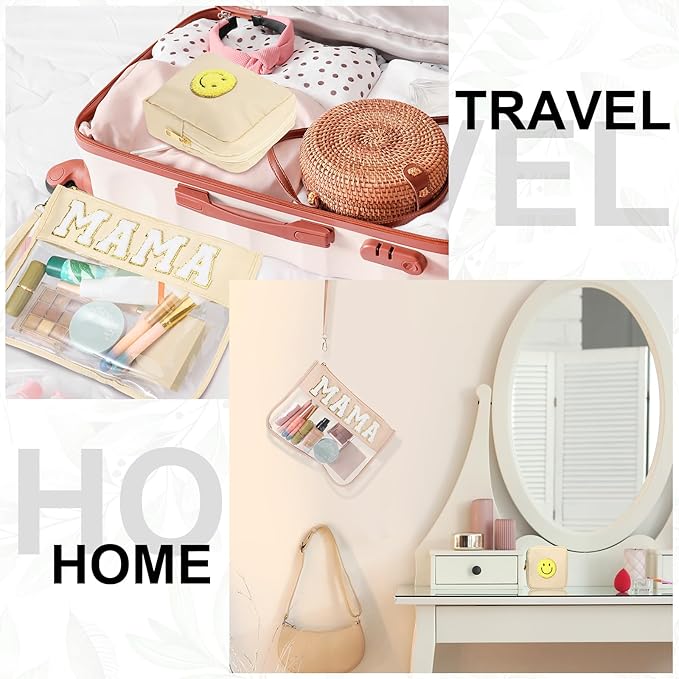 Hillban 2 Pcs Mom Gifts Mama Makeup Bag for Hospital Chenille Letter Pouch Preppy Patch Beach Travel Bags Aesthetic Waterproof Portable Toiletry Storage