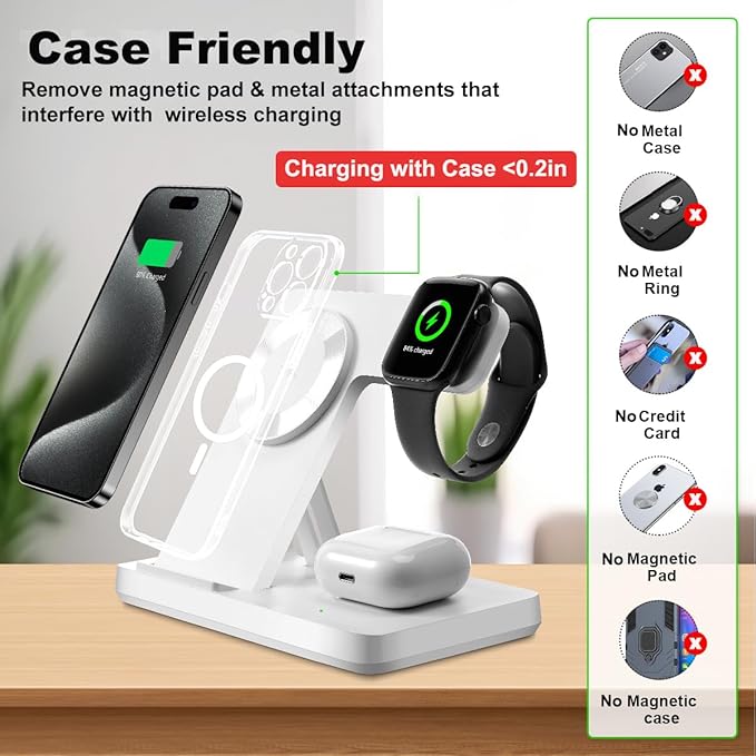 Magnetic 3 in 1 Wireless Charging Station for Magsafe iPhone 12-17 Series, Charging Station for Multiple Devices, Mag-Safe Wireless Charger Stand for Apple Watch Series/Ultra/SE & AirPods 4/3/2/Pro