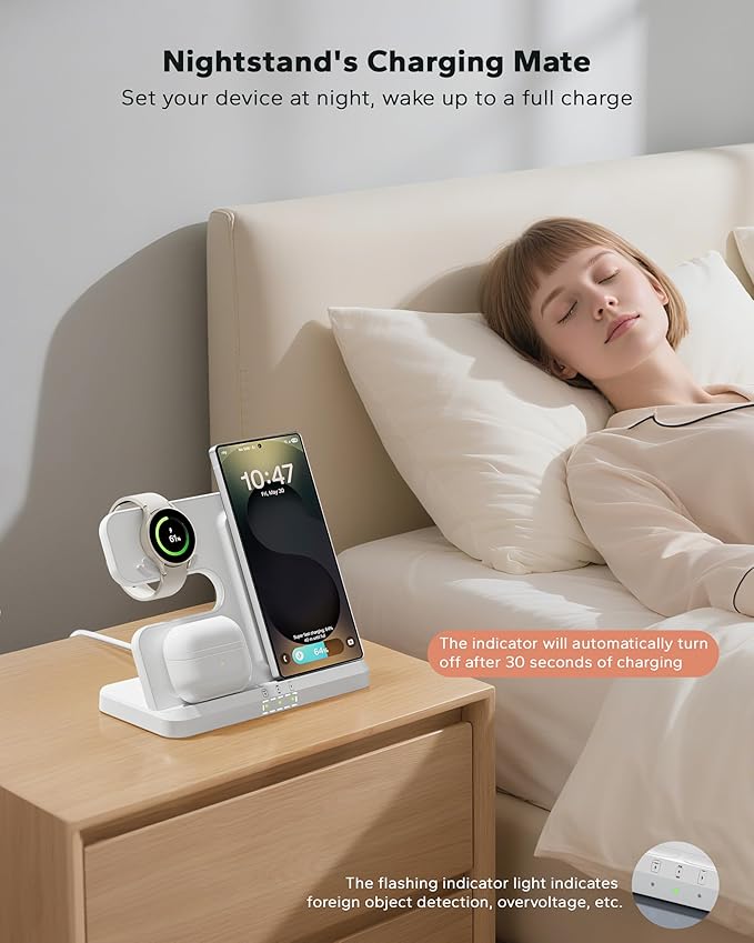 Wireless Charging Station for Samsung, 3 in 1 Charger Stand for Galaxy S25 Ultra/S24/S23/Z Fold, Phone and Watch Charging Dock for Samsung Watch Galaxy 8/7/6/5, Galaxy Buds 3/2/Pro