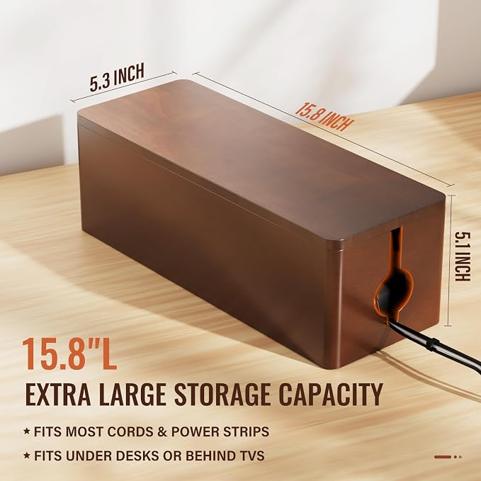 Cinati Large Cable Management Box, 15.8" Wooden Cable Organizer for Floor Wires Storage, Wall Mount Cord Hider Box for Electrical Cord Management, Power Strip Wire Organization for Desktop Home Office